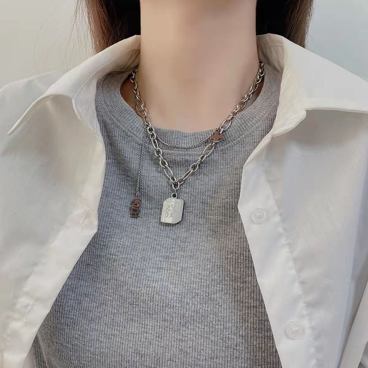 New Ins Style Titanium Steel Square Plate Double Layer Fortune Necklace Hip Hop Clavicle Chain Sweater Chain Sweater Chain Fashion Temperament Female New Ins Style Titanium Steel Square Plate Double Layer Fortune Necklace Hip Hop Clavicle Chain Sweater Chain Sweater Chain Fashion Temperament Female