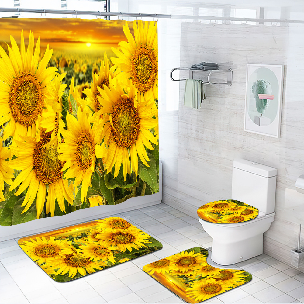Sunflower Printing Waterproof Shower Curtain Four-Piece Cross-Border Bathroom Non-Slip Toilet Carpet Set Toilet Partition Curtain Sunflower Printing Waterproof Shower Curtain Four-Piece Cross-Border Bathroom Non-Slip Toilet Carpet Set Toilet Partition Curtain