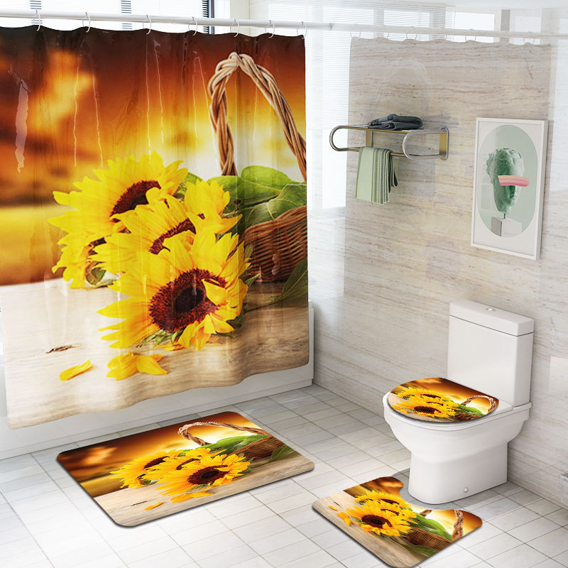 Sunflower Printing Waterproof Shower Curtain Four-Piece Cross-Border Bathroom Non-Slip Toilet Carpet Set Toilet Partition Curtain Sunflower Printing Waterproof Shower Curtain Four-Piece Cross-Border Bathroom Non-Slip Toilet Carpet Set Toilet Partition Curtain