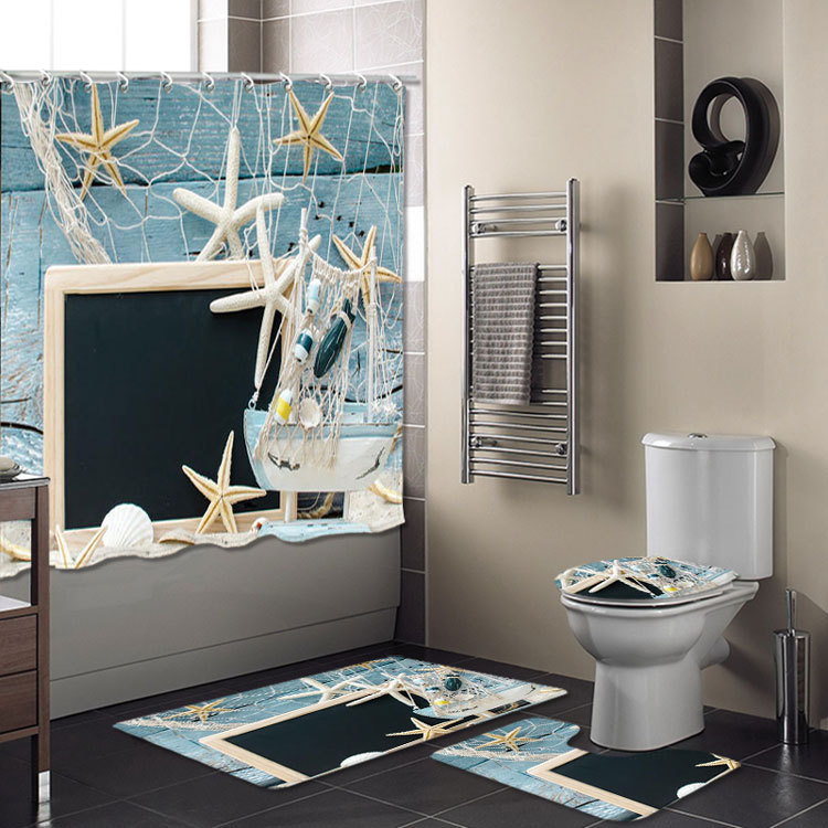 Cross-Border New Bathroom Set Bathroom Four-Piece Set Super Waterproof Shower Curtain Living Room Carpet Floor Mat Customizable