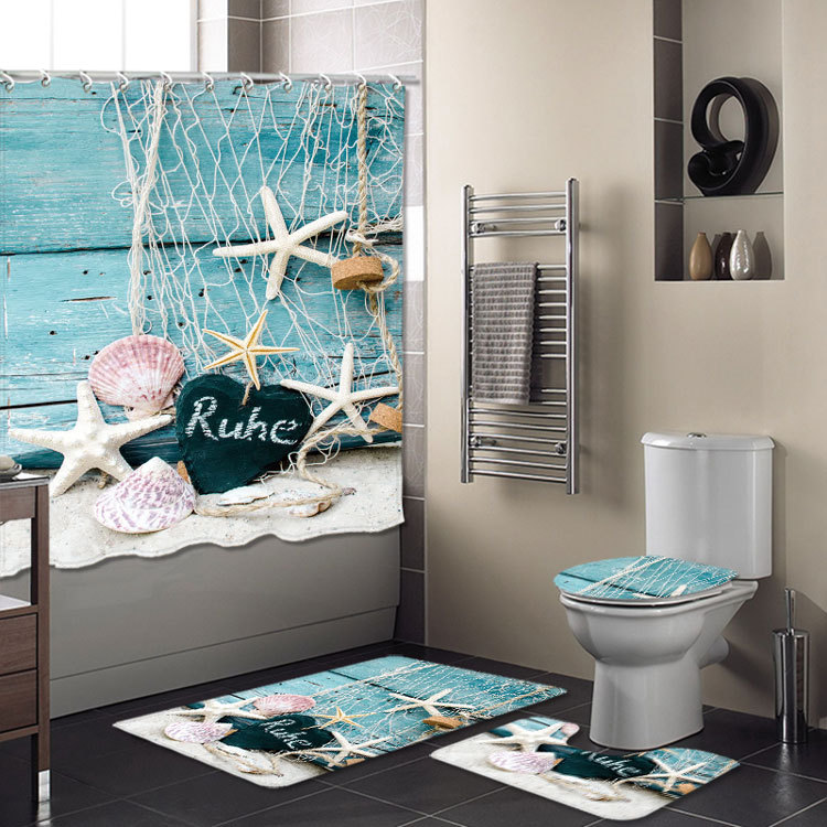 Cross-Border New Bathroom Set Bathroom Four-Piece Set Super Waterproof Shower Curtain Living Room Carpet Floor Mat Customizable