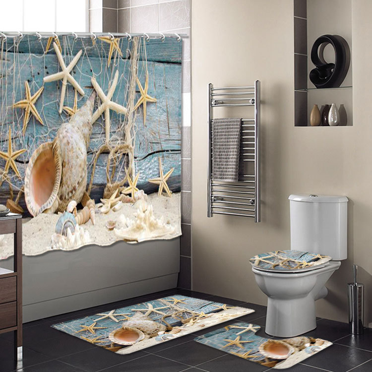 Cross-Border New Bathroom Set Bathroom Four-Piece Set Super Waterproof Shower Curtain Living Room Carpet Floor Mat Customizable