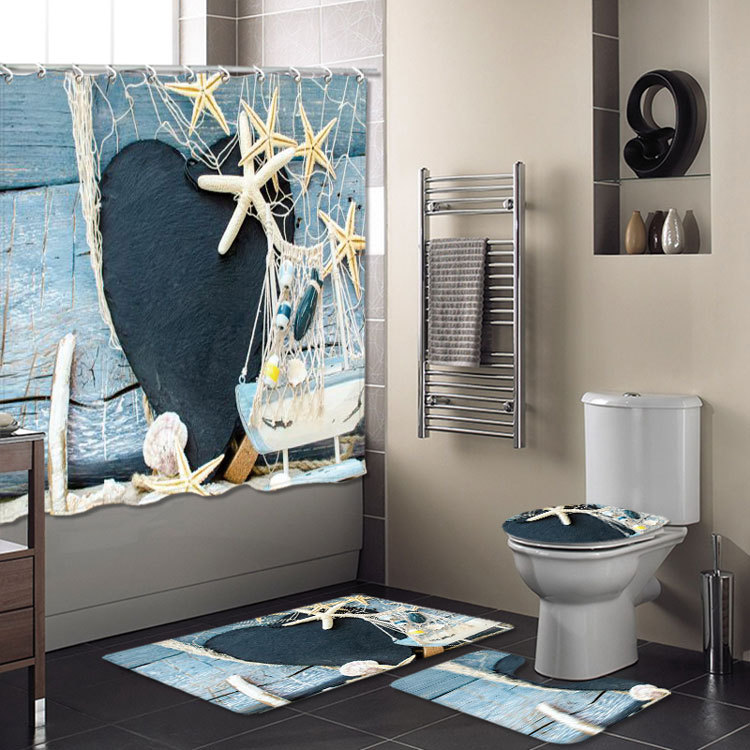 Cross-Border New Bathroom Set Bathroom Four-Piece Set Super Waterproof Shower Curtain Living Room Carpet Floor Mat Customizable