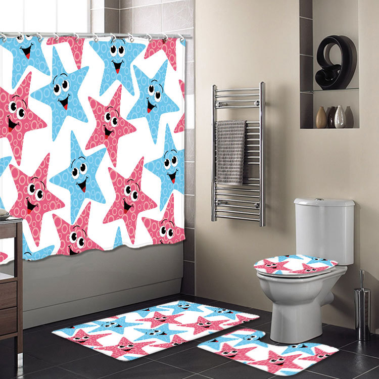 Cross-Border New Bathroom Set Bathroom Four-Piece Set Super Waterproof Shower Curtain Living Room Carpet Floor Mat Customizable