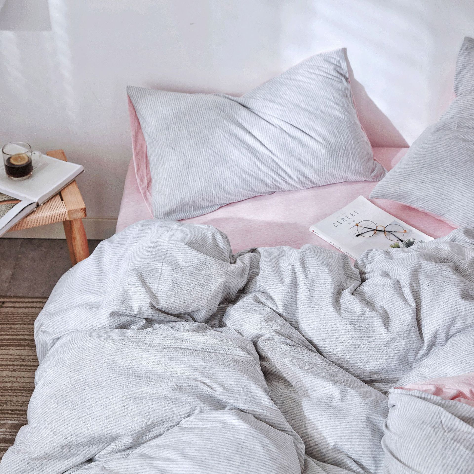Four-Piece Set of Japanese Style Muji Knitted Cotton Striped Bedding Set 1.5 1.8 M Bedding Wholesale
