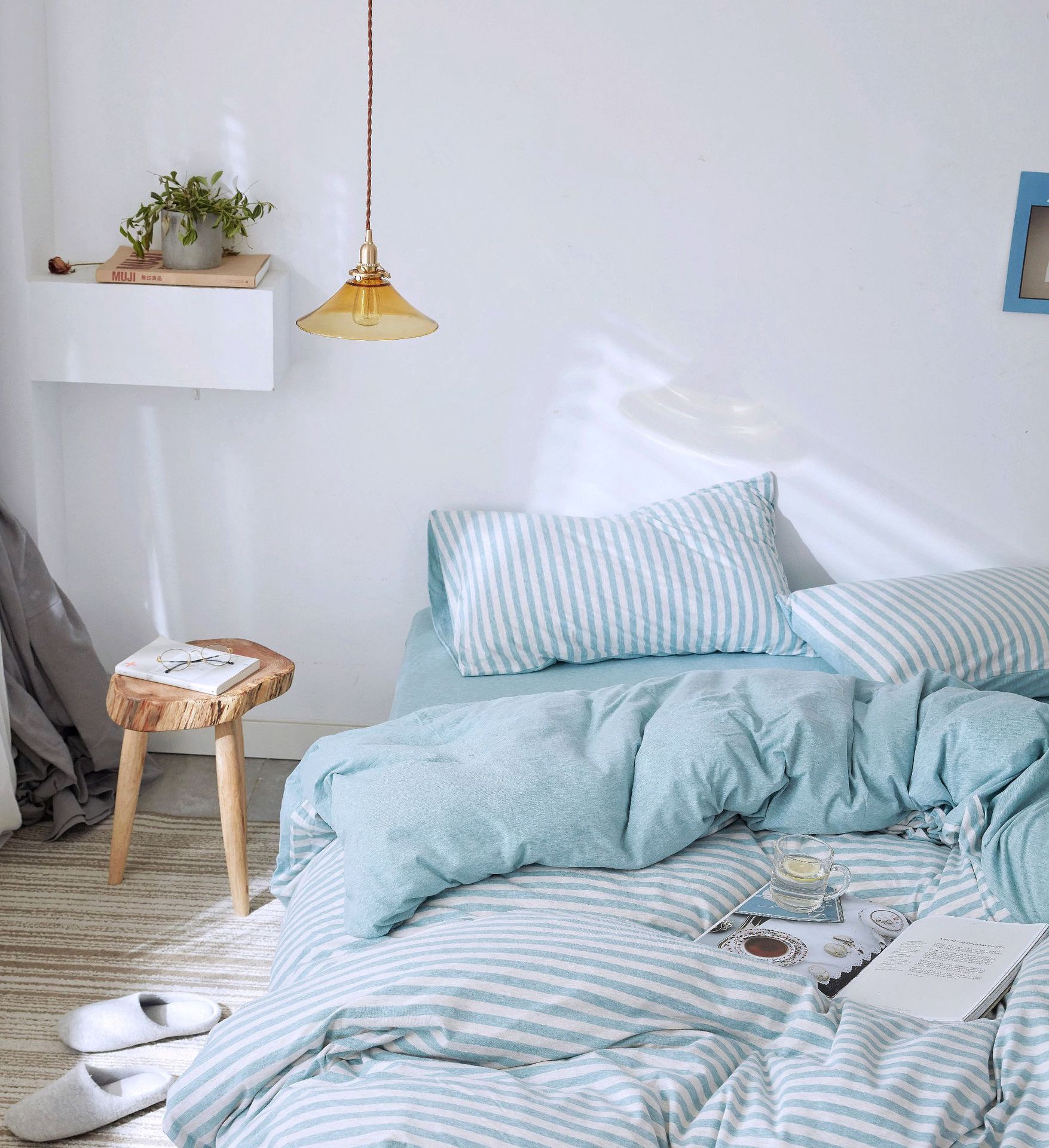 Four-Piece Set of Japanese Style Muji Knitted Cotton Striped Bedding Set 1.5 1.8 M Bedding Wholesale Four-Piece Set of Japanese Style Muji Knitted Cotton Striped Bedding Set 1.5 1.8 M Bedding Wholesale