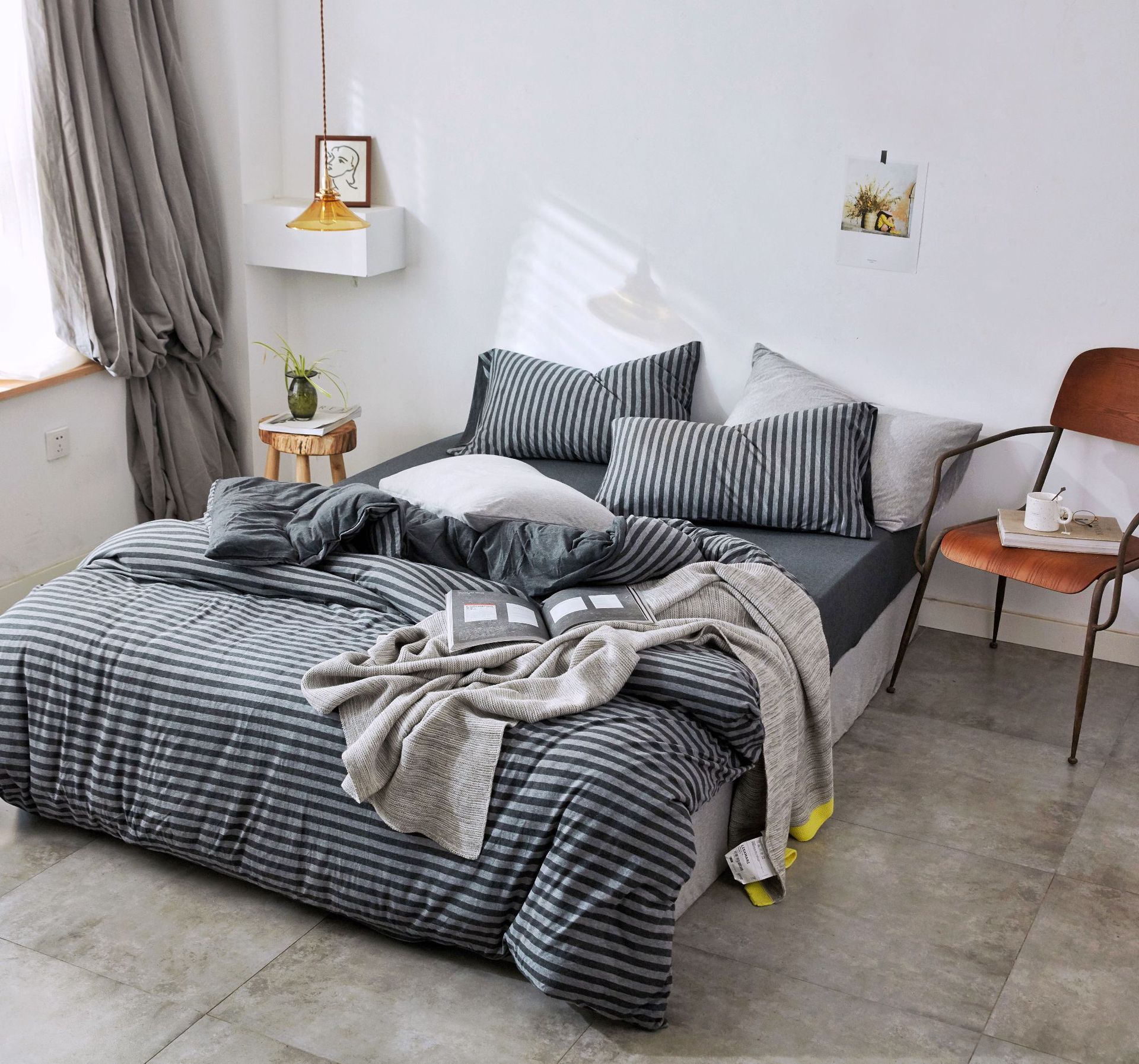Four-Piece Set of Japanese Style Muji Knitted Cotton Striped Bedding Set 1.5 1.8 M Bedding Wholesale Four-Piece Set of Japanese Style Muji Knitted Cotton Striped Bedding Set 1.5 1.8 M Bedding Wholesale