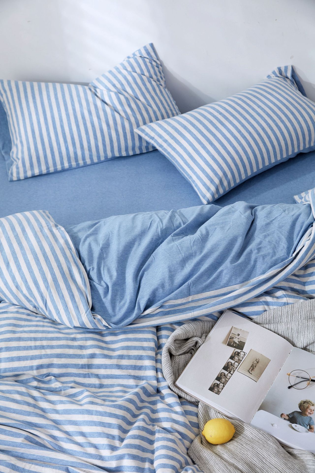 Four-Piece Set of Japanese Style Muji Knitted Cotton Striped Bedding Set 1.5 1.8 M Bedding Wholesale Four-Piece Set of Japanese Style Muji Knitted Cotton Striped Bedding Set 1.5 1.8 M Bedding Wholesale
