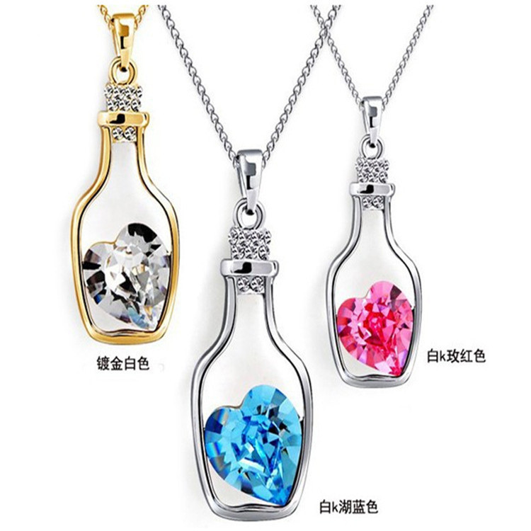 Creative Fashion Popular Heart Shape Crystal Necklace Trend Gold Plating Diamond Drift Bottle Pendant Female Accessories
