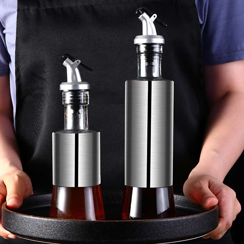 Stainless Steel Press Type Glass Oil Bottle Soy Sauce Bottle Oil Pot Leak-Proof 300ml Kitchen Glass Seasoning Bottle