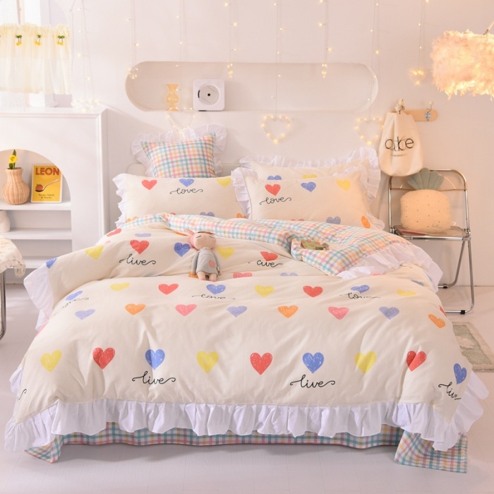 Pure Cotton Four-Piece Bedding Set Simple Student Dormitory Solid Color Three-Piece 100% Cotton Set Lace
