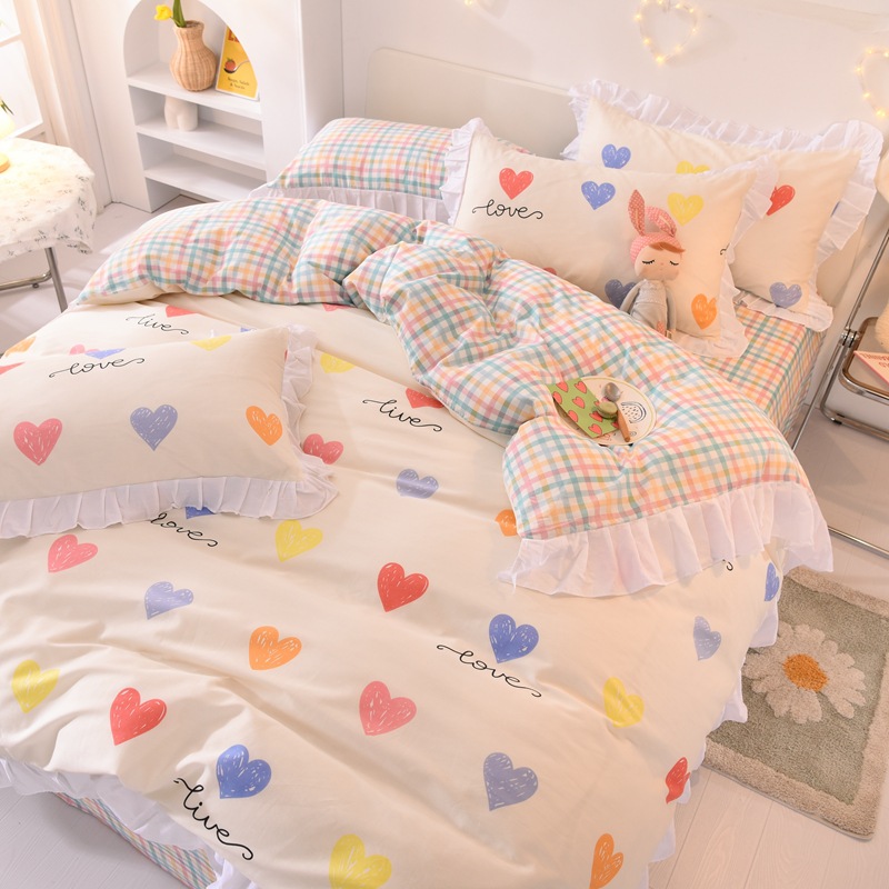 Pure Cotton Four-Piece Bedding Set Simple Student Dormitory Solid Color Three-Piece 100% Cotton Set Lace