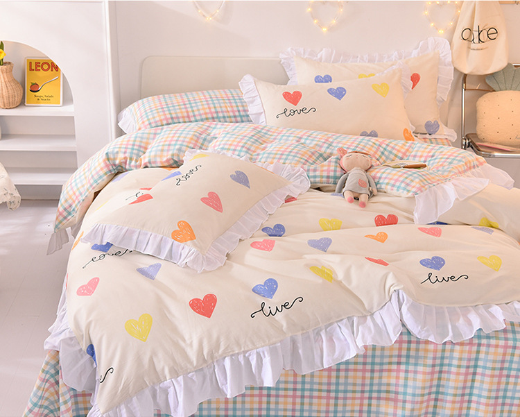 Pure Cotton Four-Piece Bedding Set Simple Student Dormitory Solid Color Three-Piece 100% Cotton Set Lace Pure Cotton Four-Piece Bedding Set Simple Student Dormitory Solid Color Three-Piece 100% Cotton Set Lace
