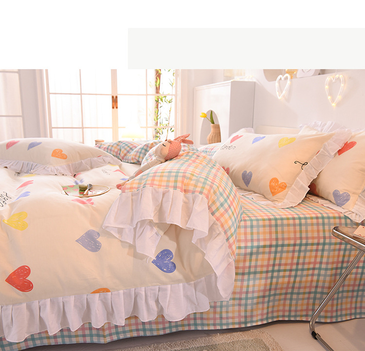 Pure Cotton Four-Piece Bedding Set Simple Student Dormitory Solid Color Three-Piece 100% Cotton Set Lace Pure Cotton Four-Piece Bedding Set Simple Student Dormitory Solid Color Three-Piece 100% Cotton Set Lace