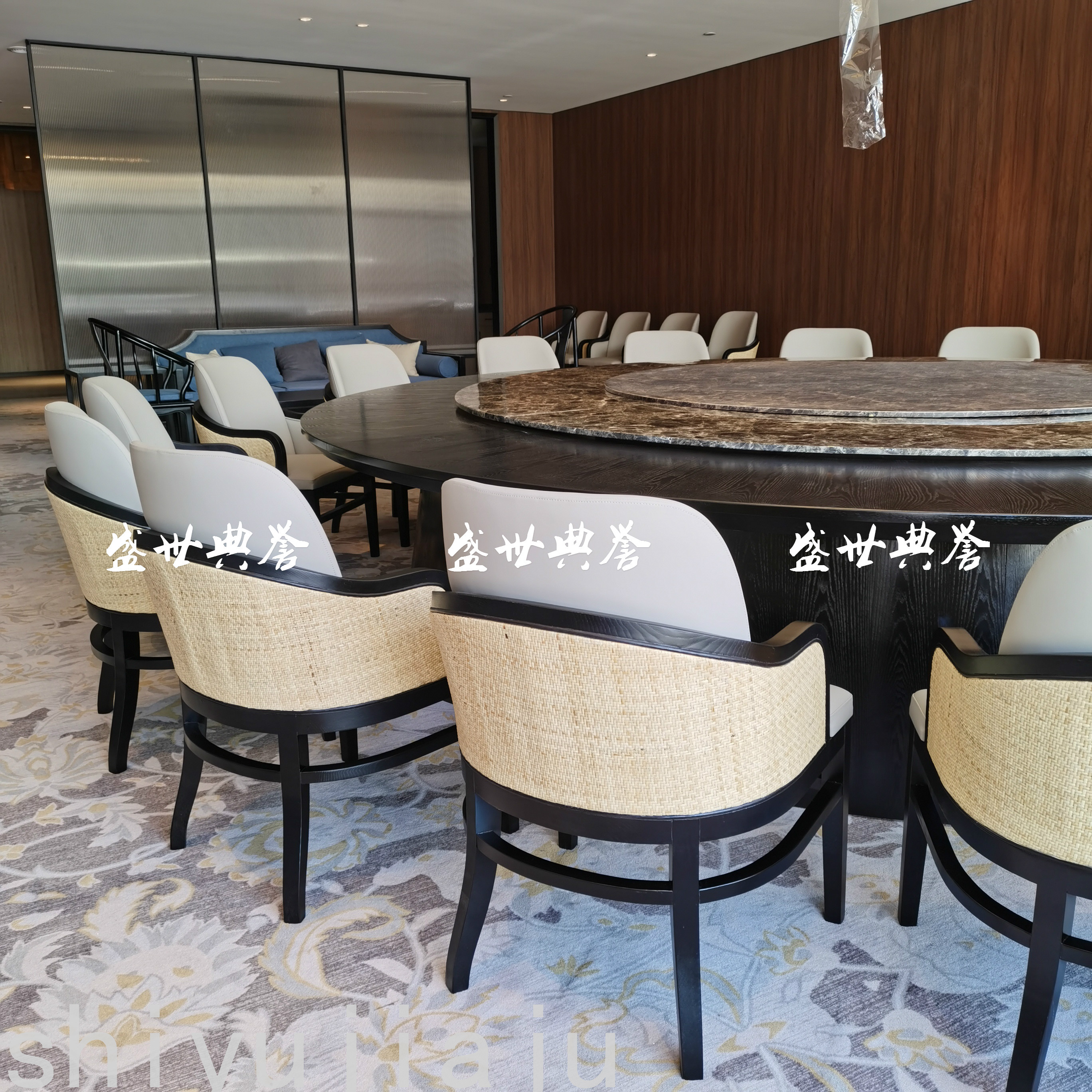 Hotel Solid Wood Electric round Table Dining Chair Box Rattan Solid Wood Dining Chair Club Chinese Style Rattan Chair