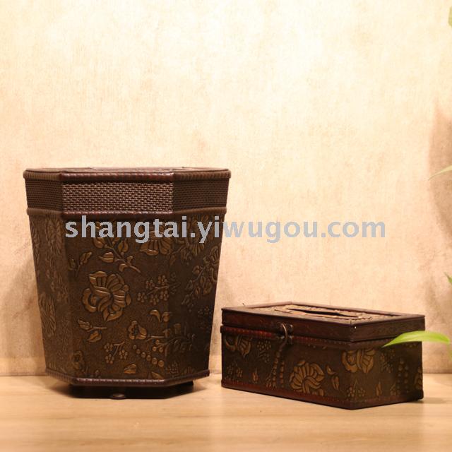 Retro Wood Trash Can Wastebasket Tissue Box Set Flower Device LC-0760 Retro Wood Trash Can Wastebasket Tissue Box Set Flower Device LC-0760
