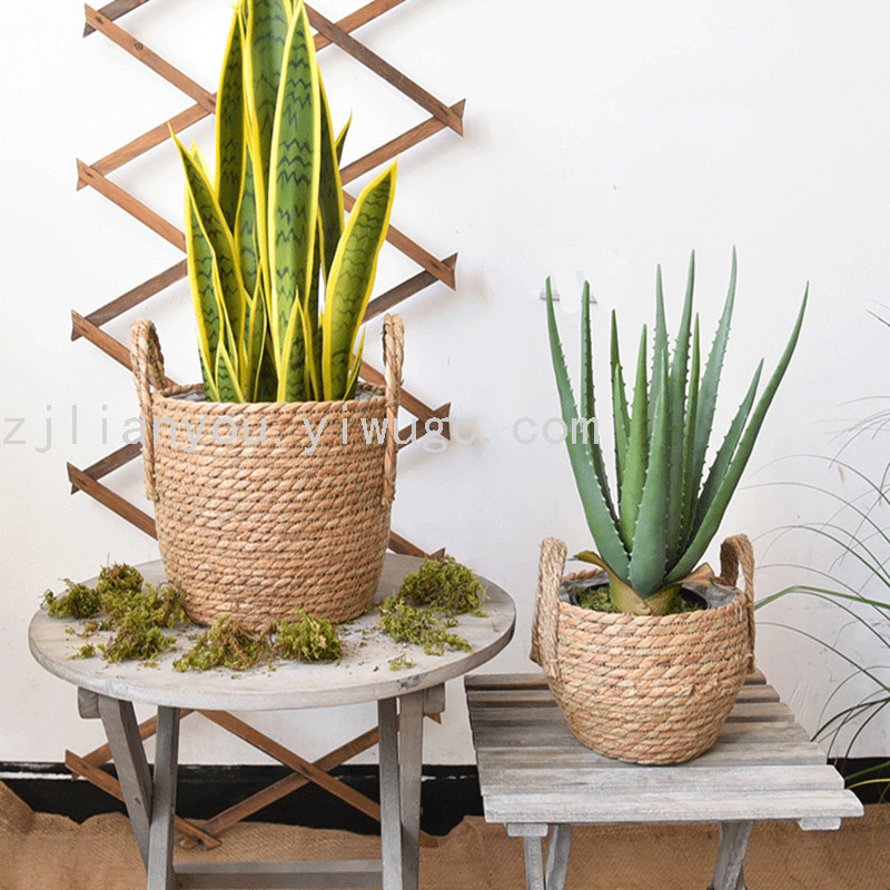 Nordic Hand-Woven Straw Baskets Flowerpot Woven Basket Flowerpot Decoration Living Room Rattan Storage Blue Frame Nordic Hand-Woven Straw Baskets Flowerpot Woven Basket Flowerpot Decoration Living Room Rattan Storage Blue Frame
