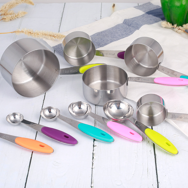 Color Box Package 10-Piece Stainless Steel Measuring Cup Measuring Spoon Measuring Spoon Set with Silicone Thermal Insulation Pad Baking Utensils