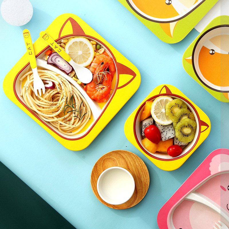 Zhimedo Bamboo fiber children&#039;s Tableware Set for Baby Split plate Creative Cartoon Rice Bowl Gift Customization