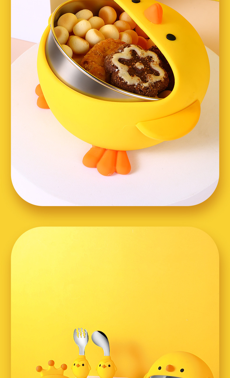 Children's Silicone Bowl Set Yellow Chicken Cartoon Baby Stainless Steel Eating Bowl Training Fork Spoon Complementary Food Training Tableware Children's Silicone Bowl Set Yellow Chicken Cartoon Baby Stainless Steel Eating Bowl Training Fork Spoon Complementary Food Training Tableware
