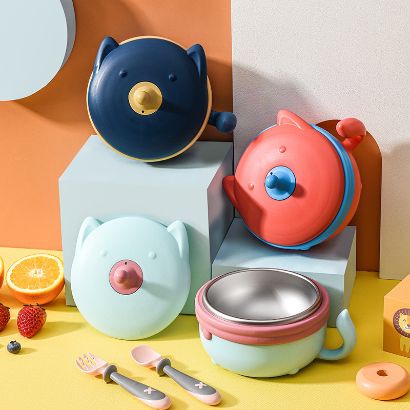 Baby Stainless Steel Insulated Bowl Children &#039;S Tableware Set Eating Solid Food Bowl Spoon Removable Baby Water Injection Snack Catcher