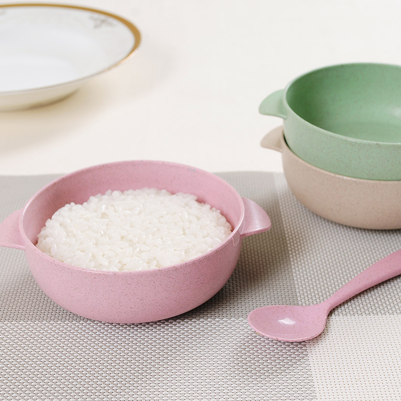 Wheat Straw Rice Bowl Spoon Household Children Baby Cutlery Bowl Sets Spoon Two-Piece Set Wholesale