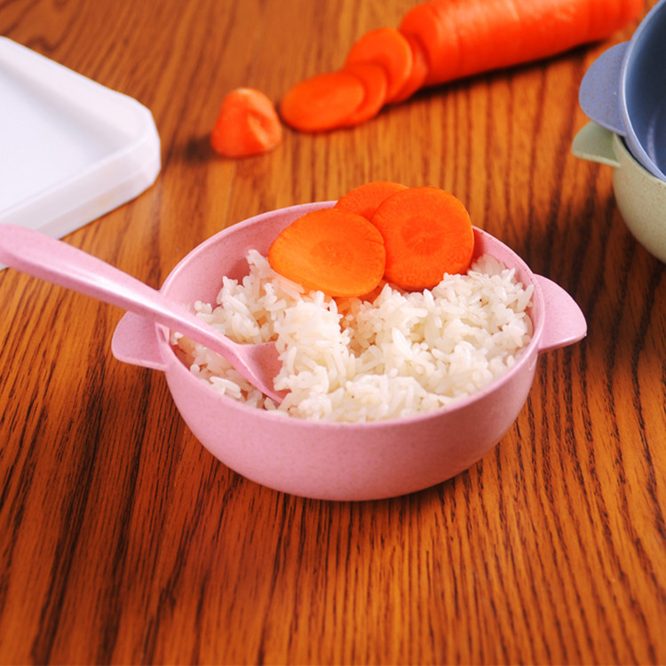 Wheat Straw Rice Bowl Spoon Household Children Baby Cutlery Bowl Sets Spoon Two-Piece Set Wholesale
