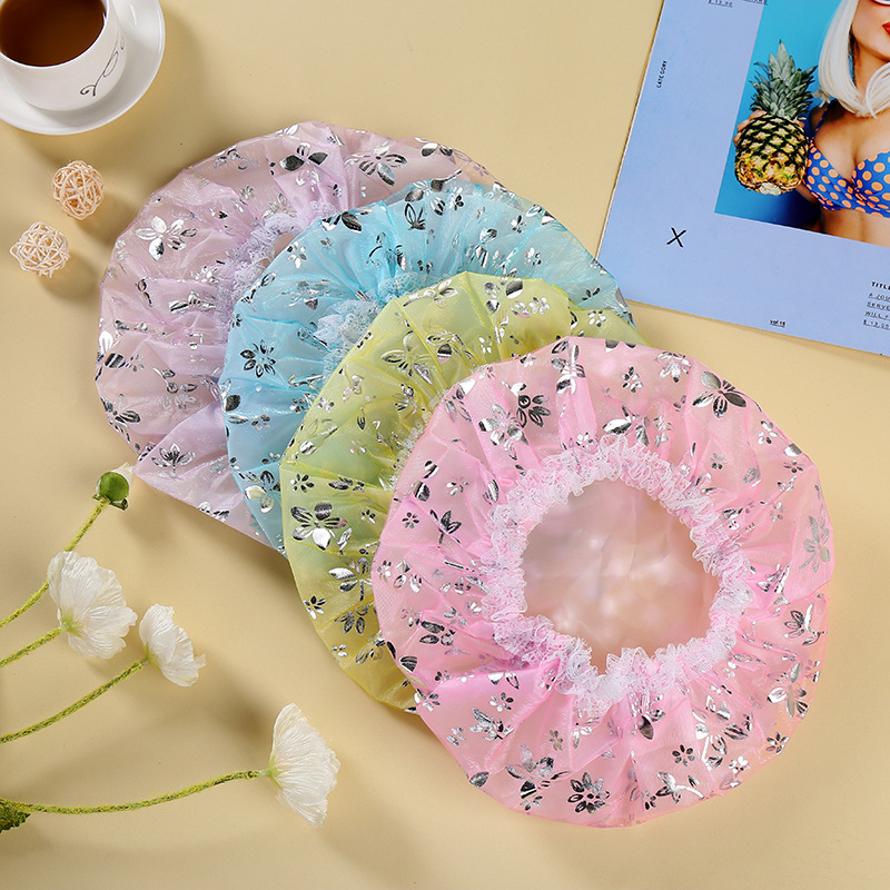 Sweet lace bath cap printing thickened waterproof and lampblack cap loose double gauze bath cap