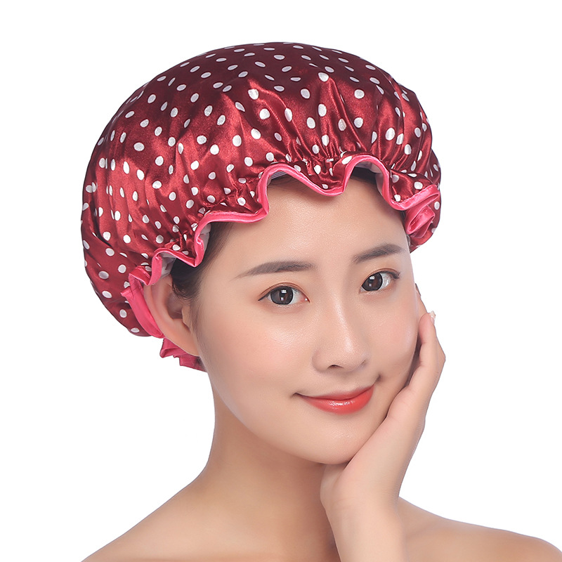 Korean version of double color butyl bath cap small dot EVA waterproof thickened lace satin fabric adult bath cap Korean version of double color butyl bath cap small dot EVA waterproof thickened lace satin fabric adult bath cap