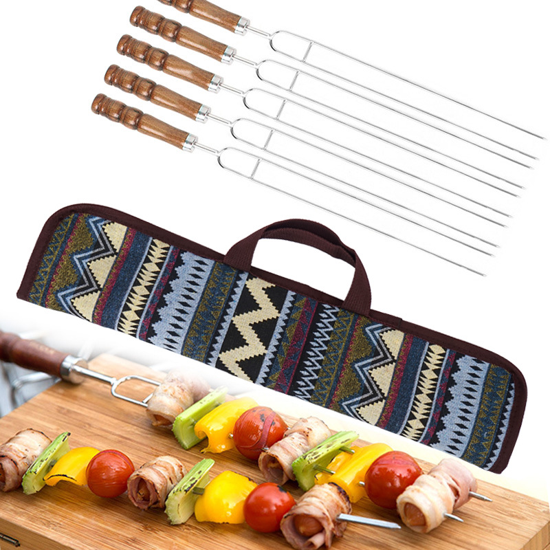 Fork Stainless Steel Barbecue Skewer Wooden Handle UShaped Bake Needle Picnic Barbecue Meat Fork 5Piece Set Whole