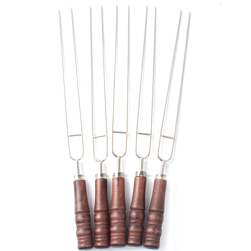 Fork Stainless Steel Barbecue Skewer Wooden Handle UShaped Bake Needle Picnic Barbecue Meat Fork 5Piece Set Whole