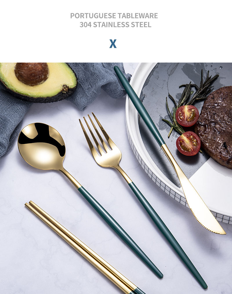 304 Stainless Steel Tableware Flat Portuguese Series Spoon Chopsticks Western Food Steak Knife and Fork Set Internet Celebrity Dessert Spoon 304 Stainless Steel Tableware Flat Portuguese Series Spoon Chopsticks Western Food Steak Knife and Fork Set Internet Celebrity Dessert Spoon