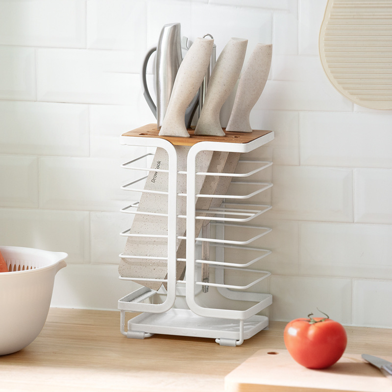 Nachuan Kitchen Knife Rack Iron Draining Knife Rack with Tray Whole Countertop Kitchen Knife Fruit Knife Storage Rack