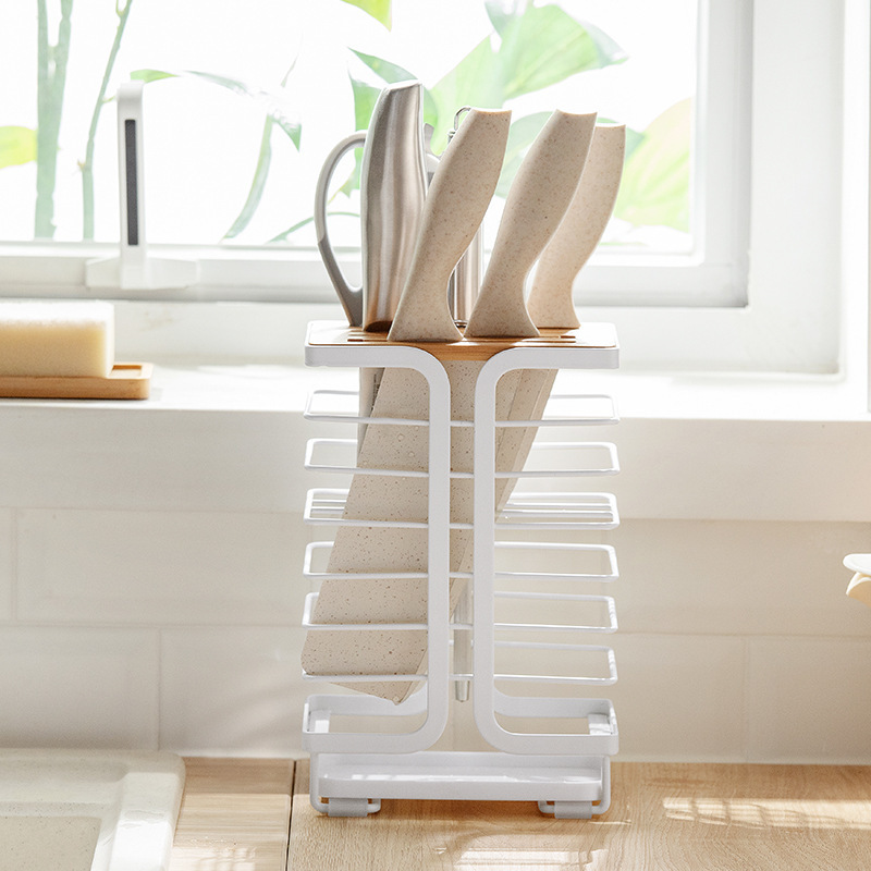 Nachuan Kitchen Knife Rack Iron Draining Knife Rack with Tray Whole Countertop Kitchen Knife Fruit Knife Storage Rack