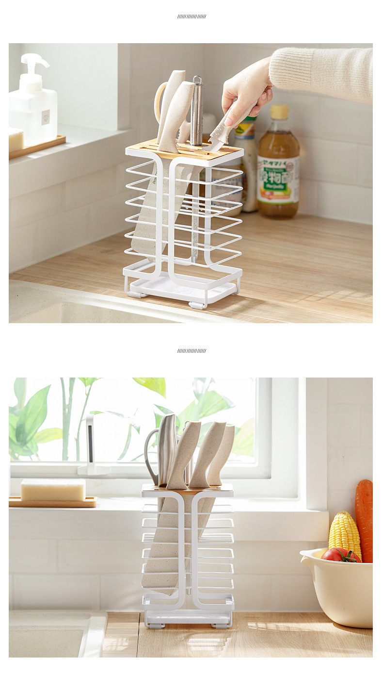 Nachuan Kitchen Knife Rack Iron Draining Knife Rack with Tray Whole Countertop Kitchen Knife Fruit Knife Storage Rack