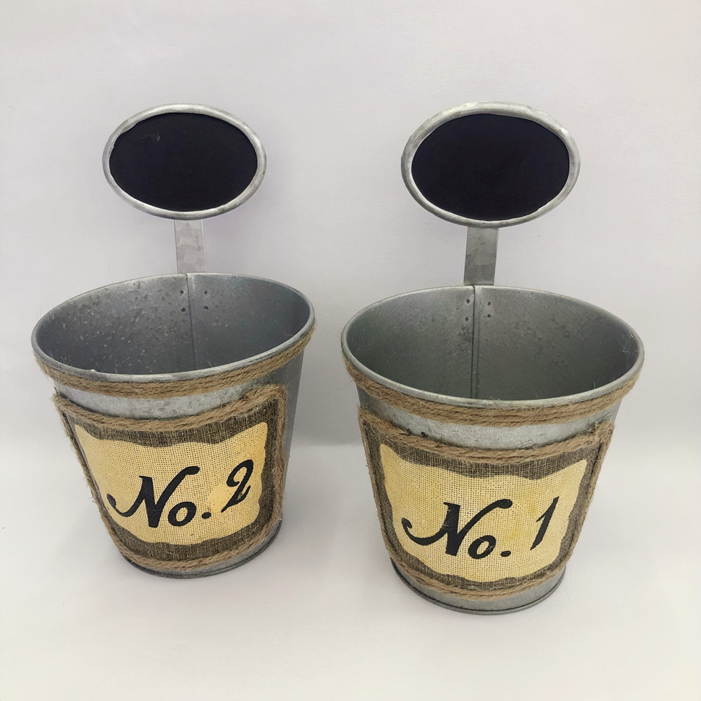 European Style Distressed Belt Small Blackboard Iron Bucket Paste Linen Font Flower Pot Table Decorative Ornaments Craft