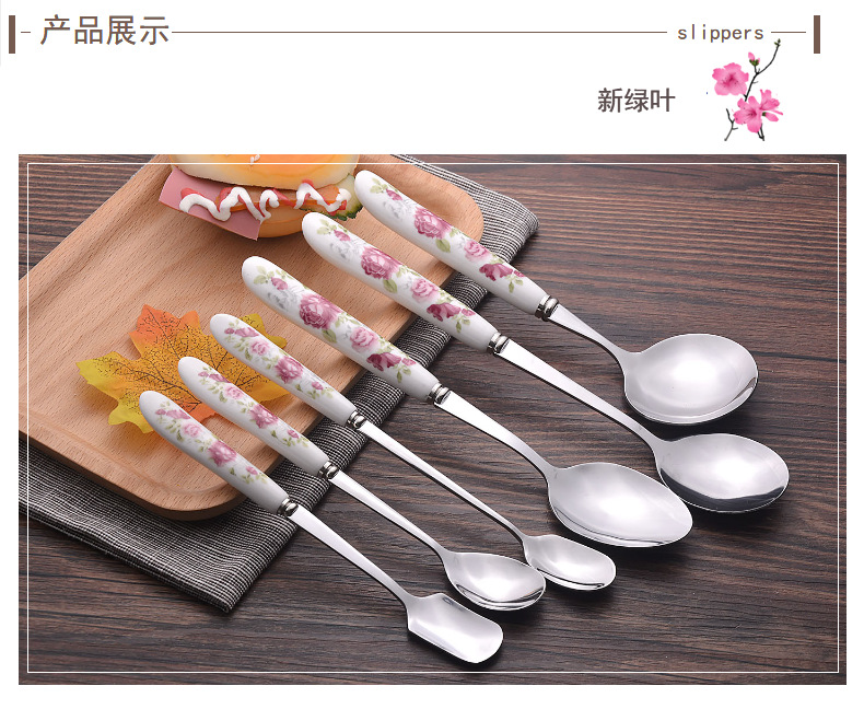 Korean ceramic handle thickened stainless steel rice spoon long handle spoon pointed spoon, soup spoon, household supermarket spoon, tableware