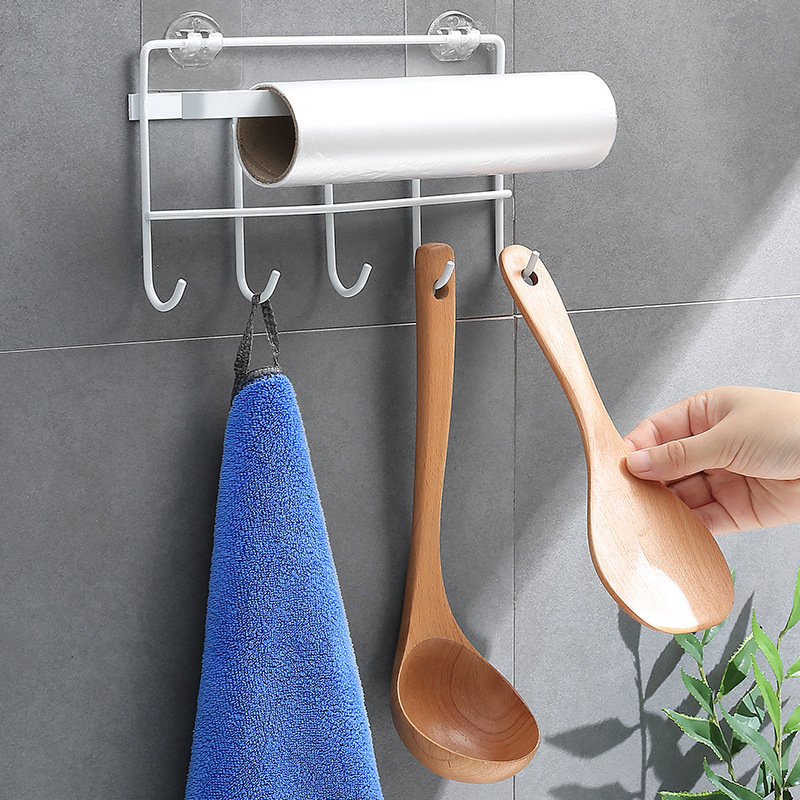 Iron Storage Rack Kitchen Multi-Functional Kitchenware Row Hooks Hooks Non-Perforated Roll Paper Storage Rack Towel Rack