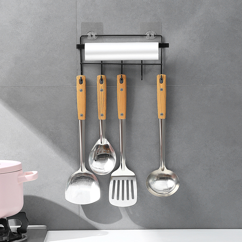Iron Storage Rack Kitchen Multi-Functional Kitchenware Row Hooks Hooks Non-Perforated Roll Paper Storage Rack Towel Rack