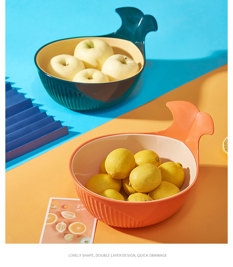 Household Kitchen Plastic Creative Whale Fruit and Vegetable Storage Tray Multi-Functional Washing Basin Hollow Double-Layer Drain Basket Spot