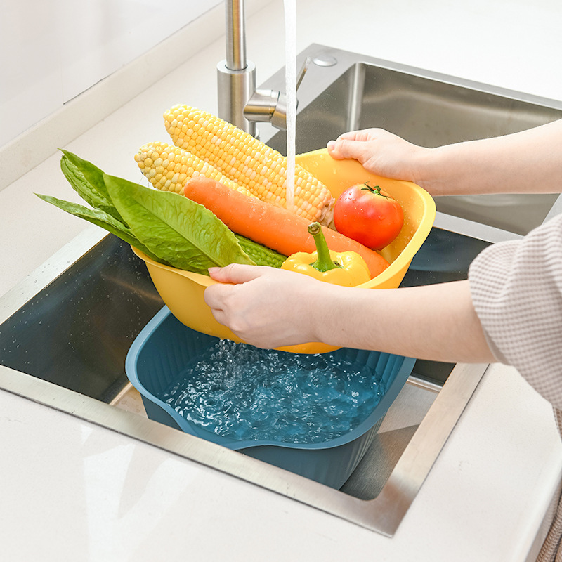 2750 Double-Layer Vegetable Washing Basket Drain Basket Household Square Wash Fruit Basin Kitchen Plastic Tray Vegetable Storage Basket