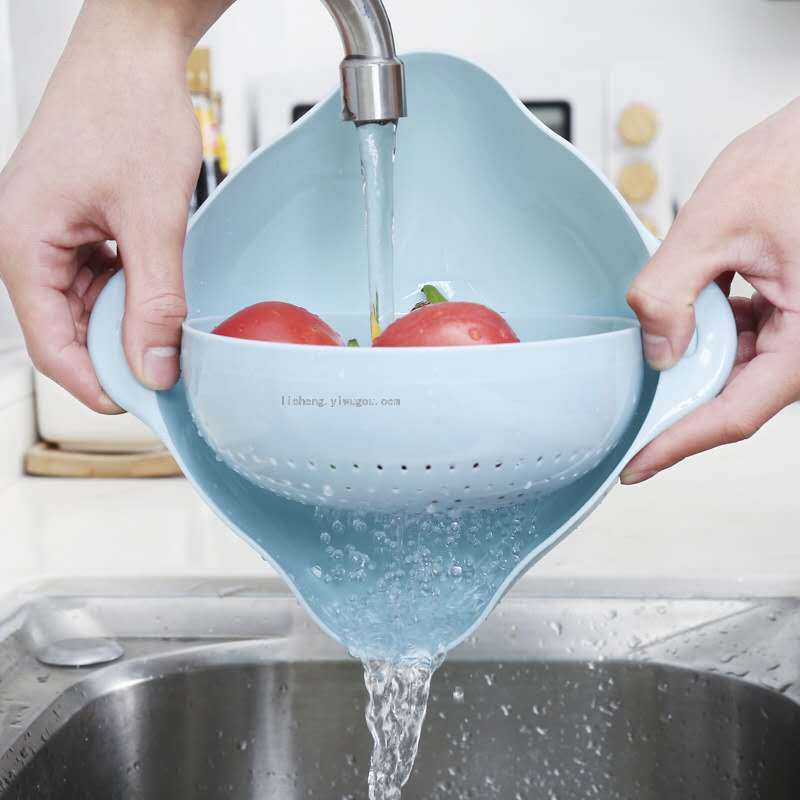 Double-Layer Flip Washing Basin Drain Basket Kitchen Household Rice Washing Blue Plastic Washing Water Fruit and Vegetable Basket Double-Layer Flip Washing Basin Drain Basket Kitchen Household Rice Washing Blue Plastic Washing Water Fruit and Vegetable Basket