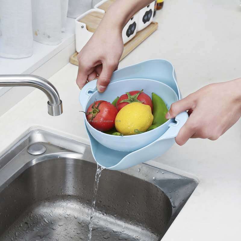 Double-Layer Flip Washing Basin Drain Basket Kitchen Household Rice Washing Blue Plastic Washing Water Fruit and Vegetable Basket Double-Layer Flip Washing Basin Drain Basket Kitchen Household Rice Washing Blue Plastic Washing Water Fruit and Vegetable Basket