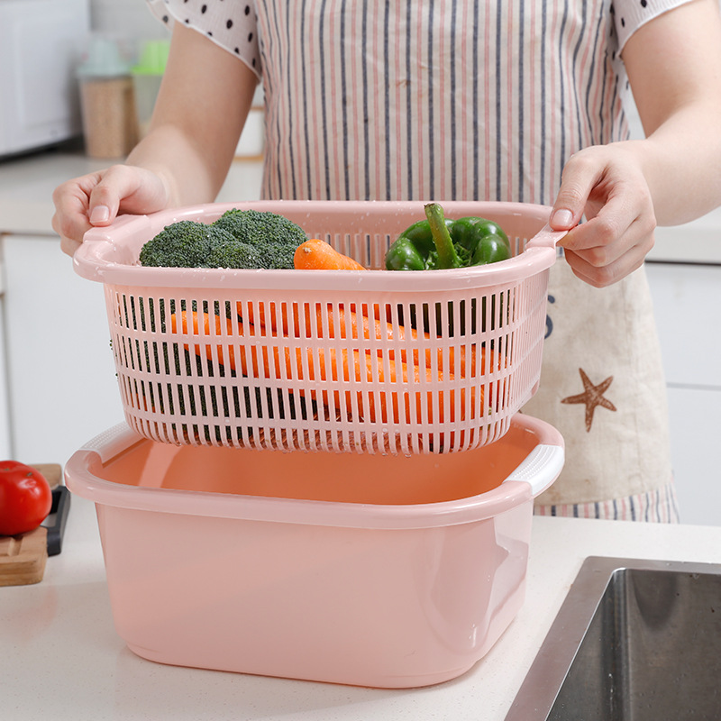 Double-Layer Plastic Washing Basin Drain Basket Kitchen Vegetable Washing Basket Fruit Basket Fruit Plate Household Fruit Pot Stackable