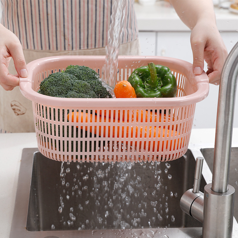 Double-Layer Plastic Washing Basin Drain Basket Kitchen Vegetable Washing Basket Fruit Basket Fruit Plate Household Fruit Pot Stackable