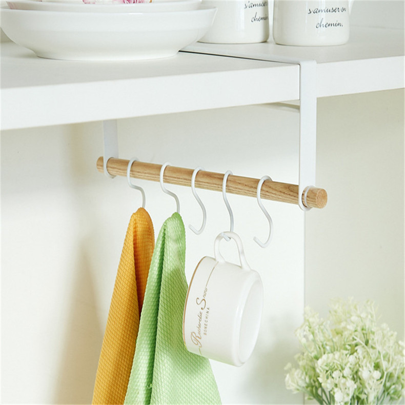 Japanese-Style Iron Cabinet Lower Hook Cup Holder Towel Storage Nail-Free Non-Perforated Wooden Handle Hanging Storage Rack
