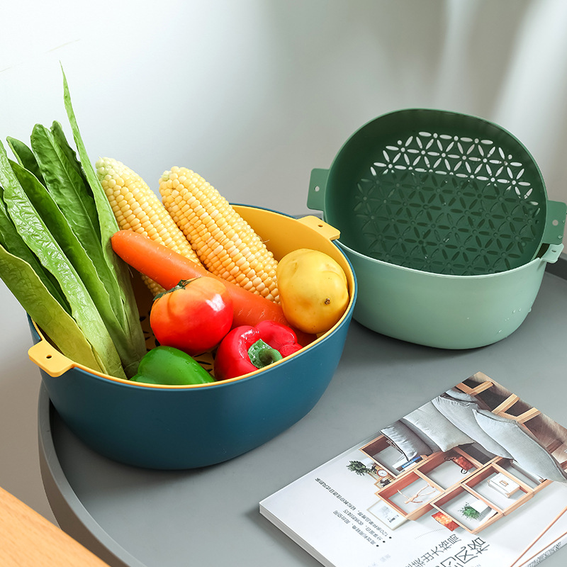 Household Kitchen Double-Layer Draining Basin Washing Basin Plastic Drain Basket Minimalist Creative Fruit Basket Vegetable Washing Basket