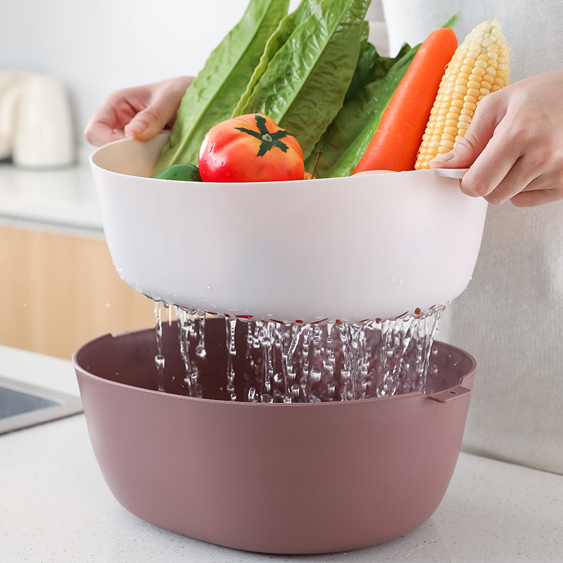 Household Kitchen Double-Layer Draining Basin Washing Basin Plastic Drain Basket Minimalist Creative Fruit Basket Vegetable Washing Basket