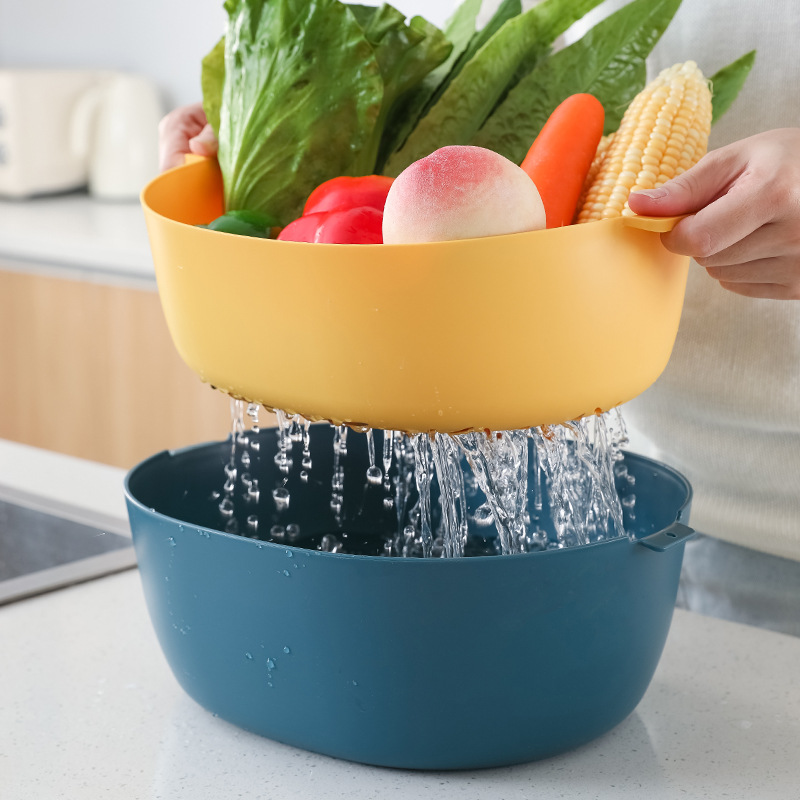 Household Kitchen Double-Layer Draining Basin Washing Basin Plastic Drain Basket Minimalist Creative Fruit Basket Vegetable Washing Basket