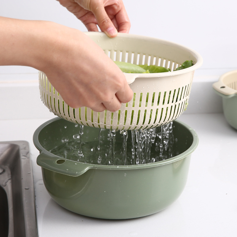 Plastic round Washing Vegetable Basket Double Layer Draining Basin Fruit and Vegetable Basket Kitchen Drain Basket Multi-Purpose Fruit and Vegetable Fruit Basket